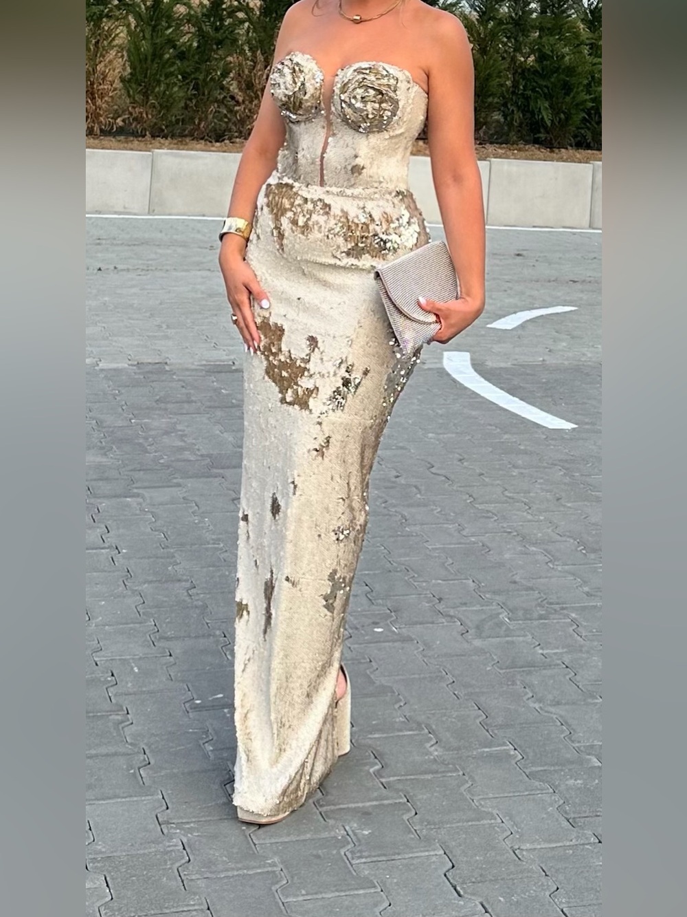 Strapless Sequin Evening Gown in Ivory and Gold